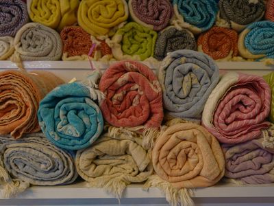 Meditation cushions arranged neatly in a corner